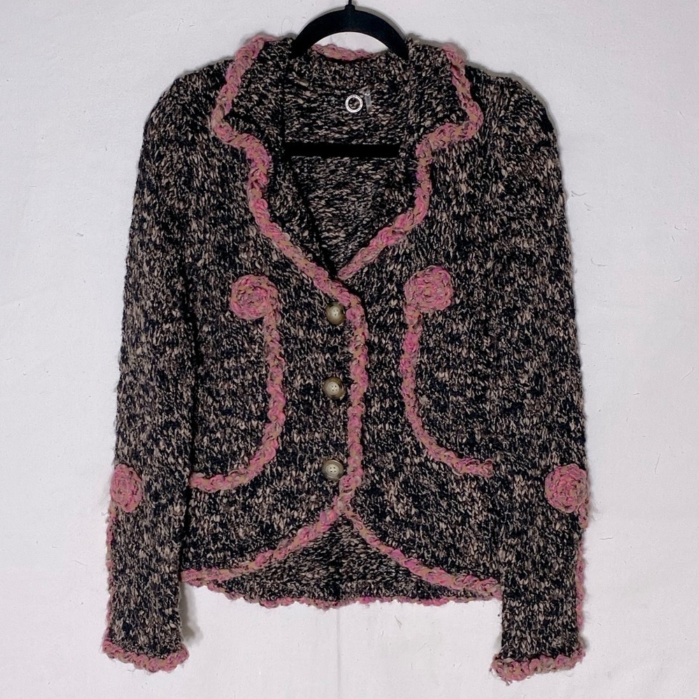 One Girl Who Brown Wool Blend Knit Blazer Cardigan W Pink Trim M Cottagecore